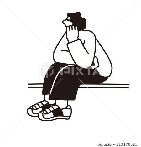 座って考える女性、線画、ベクター 113178323