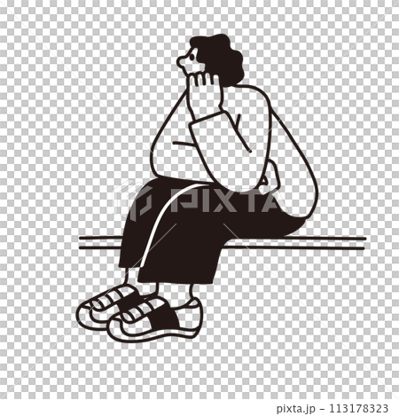 座って考える女性、線画、ベクター 113178323
