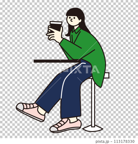 A woman sitting and thinking with coffee, line drawing, vector A woman sitting and thinking with coffee, line drawing, vector 113178330