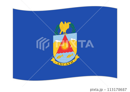 Waving flag of Department of Ancash, administrative division of Peru. Vector illustration. 113178687
