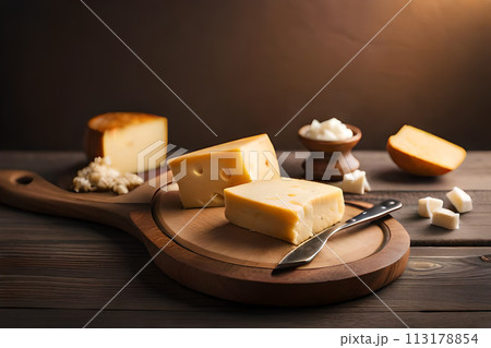 Pieces of delicious cheese and knife on wooden table. Space for text Pieces of delicious cheese and knife on wooden table. Space for text 113178854