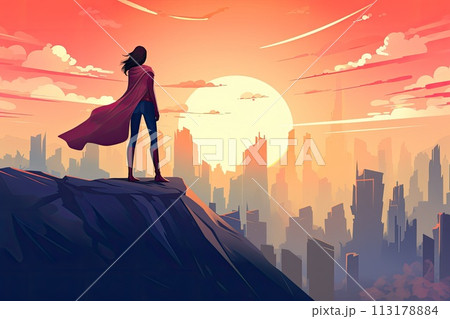hero woman with cape stand on a cliff illustration 113178884