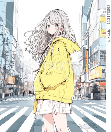 黄色のパーカーを着た女の子「AI生成画像」のイラスト素材 [113178892