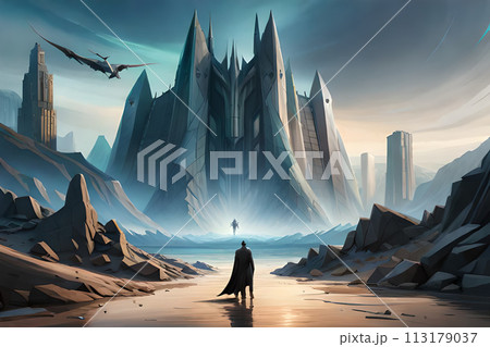 Male and female black superheroes posing in front of beautiful cityscape. 113179037