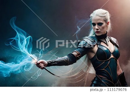 A painting of a woman with a blue mask and horns. 113179076
