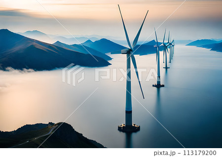 Panoramic view of wind farm with high wind turbines Panoramic view of wind farm with high wind turbines 113179200