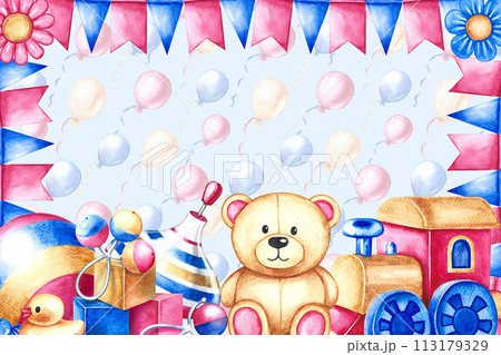 A frame with children's toys, a ball, a spinning top, cubes and a teddy bear. On a blue background with festive balloons. Handmade watercolor illustration. For banner, packaging, greeting card. A frame with children's toys, a ball, a spinning top, cubes and a teddy bear. On a blue background with festive balloons. Handmade watercolor illustration. For banner, packaging, greeting card. 113179329