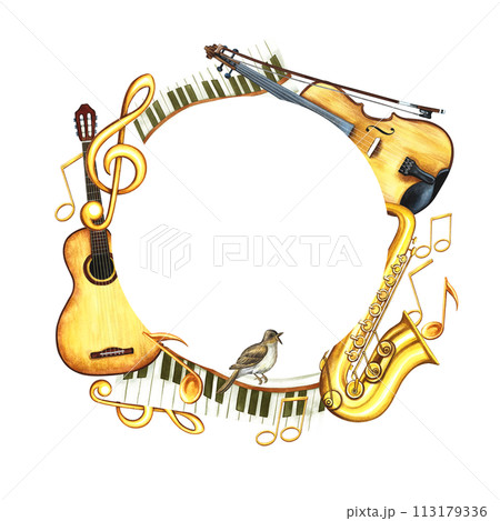 A round musical frame with an image of a guitar, saxophone and violin, as well as piano keys. The illustration is made by hand in watercolor. For posters, flyers, invitation cards and packaging. A round musical frame with an image of a guitar, saxophone and violin, as well as piano keys. The illustration is made by hand in watercolor. For posters, flyers, invitation cards and packaging. 113179336