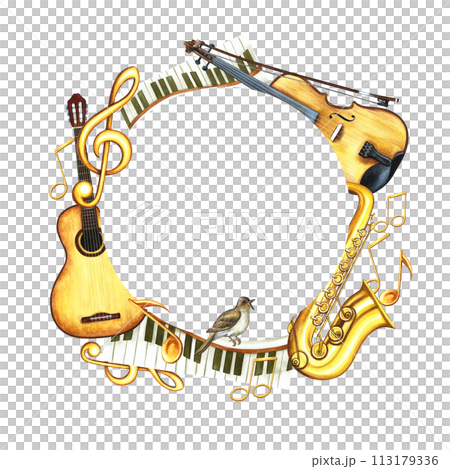 A round musical frame with an image of a guitar, saxophone and violin, as well as piano keys. The illustration is made by hand in watercolor. For posters, flyers, invitation cards and packaging. 113179336