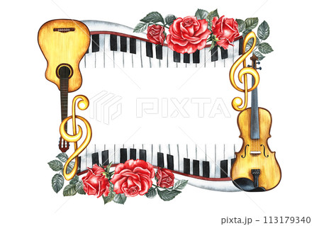 The frame is musical with guitars, piano keys, violin and red roses. The watercolor illustration is made by hand. For posters, flyers and invitation cards. For greeting cards and certificates. The frame is musical with guitars, piano keys, violin and red roses. The watercolor illustration is made by hand. For posters, flyers and invitation cards. For greeting cards and certificates. 113179340