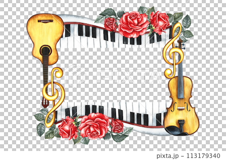 The frame is musical with guitars, piano keys, violin and red roses. The watercolor illustration is made by hand. For posters, flyers and invitation cards. For greeting cards and certificates. The frame is musical with guitars, piano keys, violin and red roses. The watercolor illustration is made by hand. For posters, flyers and invitation cards. For greeting cards and certificates. 113179340