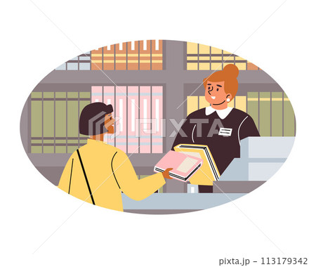 Cartoon customer buying books in shop, vector cute girl in the library or bookstore counter, happy booklover oval frame 113179342