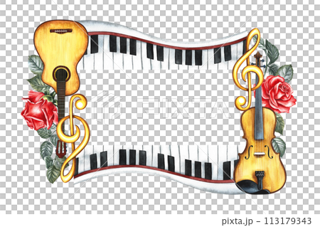 The frame is musical with guitars, piano keys, violin and red roses. The watercolor illustration is made by hand. For posters, flyers and invitation cards. For greeting cards and certificates. The frame is musical with guitars, piano keys, violin and red roses. The watercolor illustration is made by hand. For posters, flyers and invitation cards. For greeting cards and certificates. 113179343
