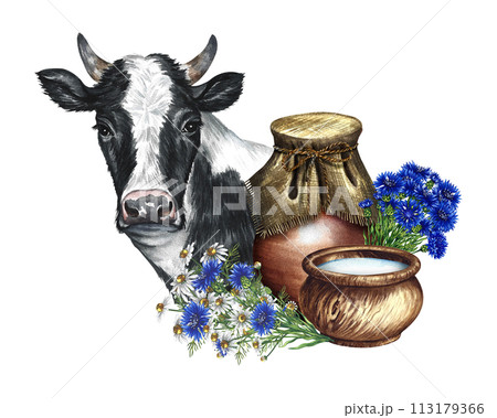 Portrait of a cow and dairy products in ceramic and wooden dishes. A hand-drawn watercolor illustration. For advertising banners, labels of dairy products packages. For posters, prints, business cards 113179366