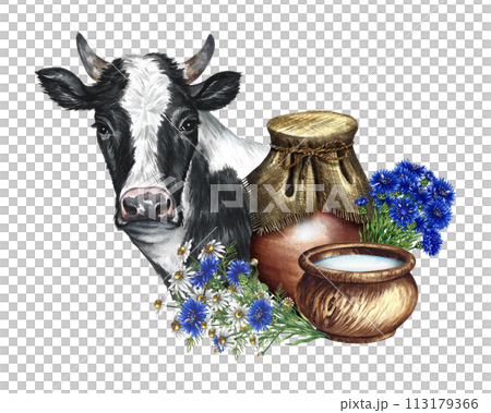 Portrait of a cow and dairy products in ceramic and wooden dishes. A hand-drawn watercolor illustration. For advertising banners, labels of dairy products packages. For posters, prints, business cards 113179366