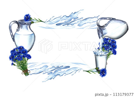 Frame with dairy products. Glass decanter and milk glass, decorated with cornflowers and a splash of milk. A hand-drawn watercolor illustration. For advertising banners, labels of dairy products. 113179377