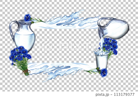 Frame with dairy products. Glass decanter and milk glass, decorated with cornflowers and a splash of milk. A hand-drawn watercolor illustration. For advertising banners, labels of dairy products. 113179377