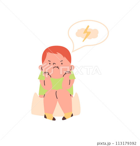 Cute capricious baby boy sitting on potty, cartoon angry toddler learning to use potty, hygiene vector illustration Cute capricious baby boy sitting on potty, cartoon angry toddler learning to use potty, hygiene vector illustration 113179392