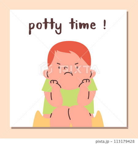 Potty time vector poster, cartoon cute capricious baby boy sitting on potty, angry toddler learning to use potty hygiene 113179428