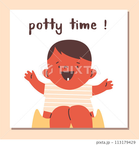 Potty time vector poster, cartoon cute baby boy sitting on potty and have fun, toddler learning to use potty, hygiene 113179429