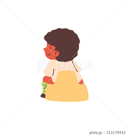 Flat illustration of a little girl on a potty sitting with her back turned. 113179432