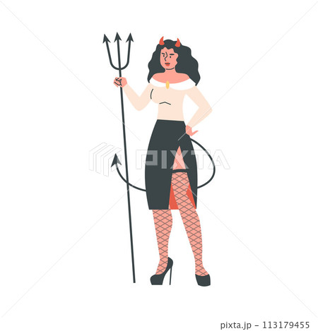 Devil woman with pitchfork, vector cartoon sexy aggressive witch with red horns and long tail, negative hell character 113179455
