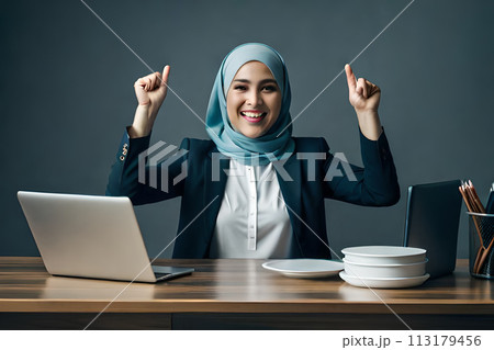 Shocked surprised young arabian asian muslim woman in abaya hijab 113179456