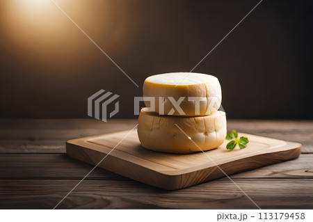 Pieces of delicious cheese and knife on wooden table. Space for text 113179458