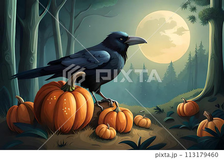 illustration with raven and pumpkins on a halloween theme 113179460