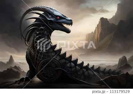 Fantasy evil dragon portrait. Surreal artwork of danger dragon from medieval mythology Fantasy evil dragon portrait. Surreal artwork of danger dragon from medieval mythology 113179529