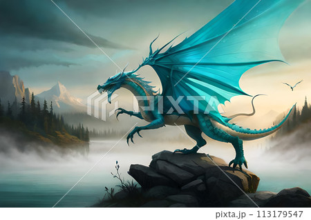 Fantasy friendly dragon portrait. Surreal artwork of danger dragon from medieval mythology 113179547
