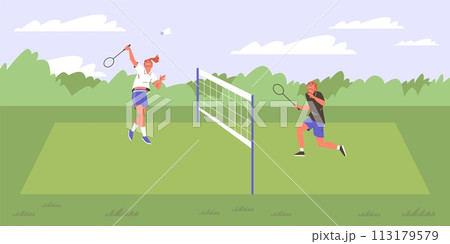 Man and woman playing badminton on court with net, hitting the shuttlecock, sport game competition vector illustration 113179579