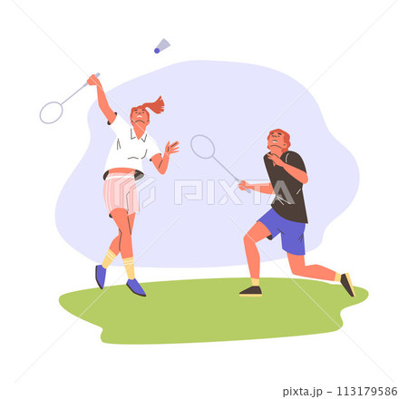 Professional badminton players with racket in action, vector cartoon young woman and man hitting shuttlecock, sport game Professional badminton players with racket in action, vector cartoon young woman and man hitting shuttlecock, sport game 113179586