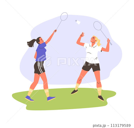 Characters playing badminton outdoors. Recreation and sport concept. Characters playing badminton outdoors. Recreation and sport concept. 113179589
