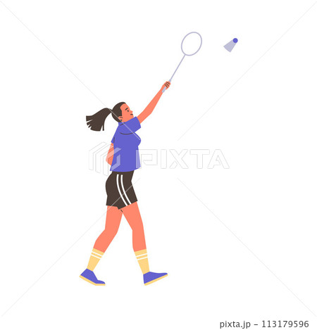 Professional badminton player raise hand up with racket in action, vector cartoon young woman in uniform, sport game Professional badminton player raise hand up with racket in action, vector cartoon young woman in uniform, sport game 113179596