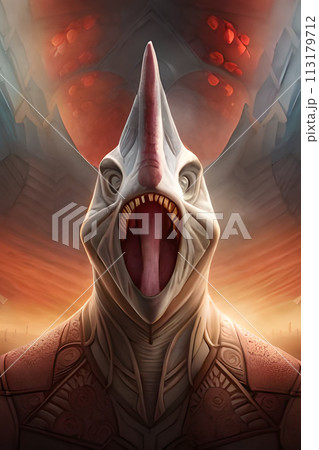 Fantasy evil dragon portrait. Surreal artwork of danger dragon from medieval mythology Fantasy evil dragon portrait. Surreal artwork of danger dragon from medieval mythology 113179712