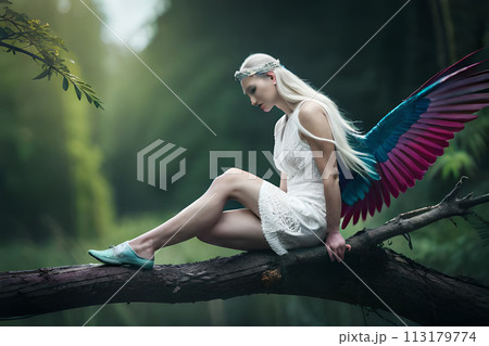 A woman with red hair stands in a forest with wings on her head. AI-generated Digital Art A woman with red hair stands in a forest with wings on her head. AI-generated Digital Art 113179774