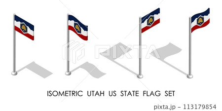 Isometric Utah US state in static position and in motion on flagpole. Utah map pin mark. 3d vector isolated on white background Isometric Utah US state in static position and in motion on flagpole. Utah map pin mark. 3d vector isolated on white background 113179854