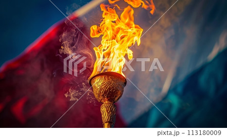 Summer 2024 Olympic Games in Paris. Olympic torch, flame against the background of the French flag Summer 2024 Olympic Games in Paris. Olympic torch, flame against the background of the French flag 113180009