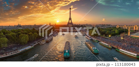 Aerial view on Paris, sunset view of the Eiffel Tower, river, crowded promenades, and tour boats in Paris. Olympic Games in Paris 2024 Aerial view on Paris, sunset view of the Eiffel Tower, river, crowded promenades, and tour boats in Paris. Olympic Games in Paris 2024 113180043