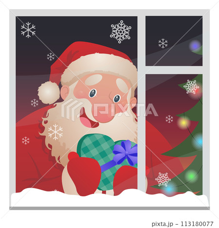 Happy cute Santa Claus character in the window with a gift box in hands. Vector illustration for Christmas Happy cute Santa Claus character in the window with a gift box in hands. Vector illustration for Christmas 113180077