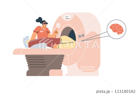 An MRI scan of the brain vector illustration of a doctor and a patient with magnetic resonance equipment 113180162