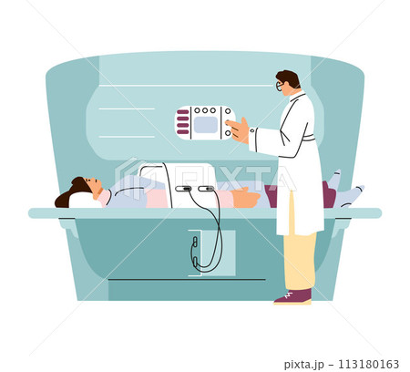 Vector illustration of a male doctor conducting an MRI scan of the abdominal cavity of a female patient 113180163