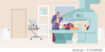MRI procedure in hospital in detailed vector image. MRI procedure in hospital in detailed vector image. 113180168