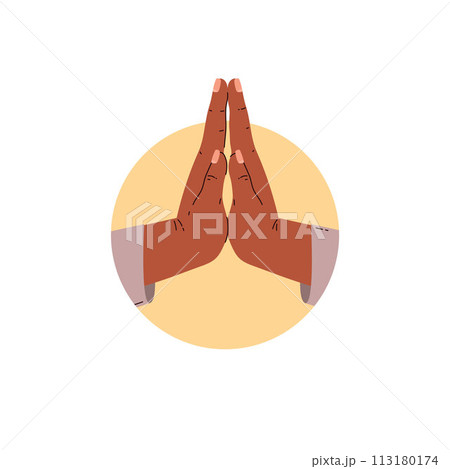 Round vector icon in a flat style with the image of praying hands, symbolizing forgiveness, faith and spirituality 113180174