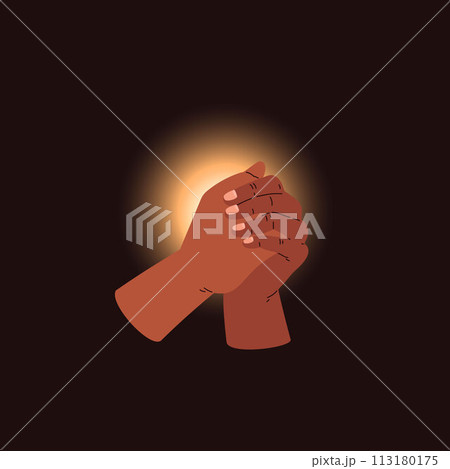 Vector illustration with the image of praying hands illuminated by light on a black background 113180175