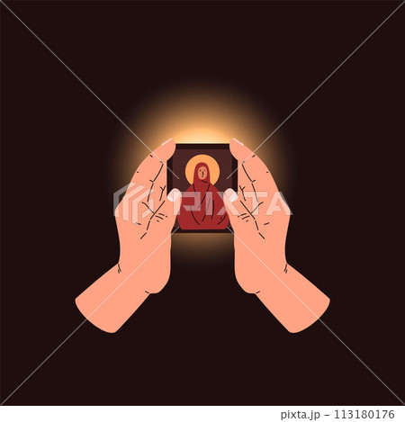 Prayer hands, surrounded by divine light, hold the sacred icon and symbolize worship, faith and spirituality Prayer hands, surrounded by divine light, hold the sacred icon and symbolize worship, faith and spirituality 113180176