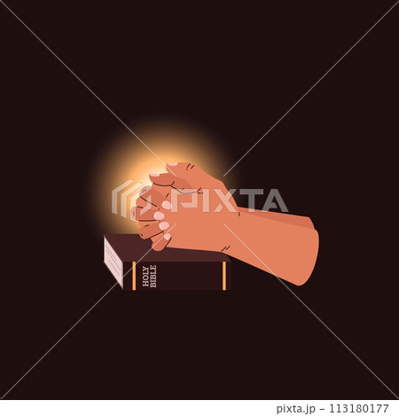 Vector illustration with the image of praying hands illuminated by light and placed on the Bible 113180177