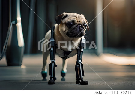 A pug dog with prosthetic front legs a gray background 113180213