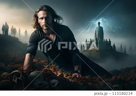 A man walking in the fog with a skull in the background. 113180214